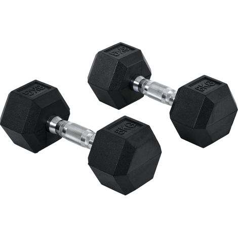 Set de 2 haltères hexagonales 8 kg en fonte avec poignée striée, revêtement caoutchouc noir (1/5)