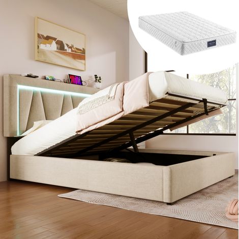 Cama baúl LED 140x200 cm de lino beige, USB Type-C, almacenamiento – sin colchón – MEUBLIV (1/5)