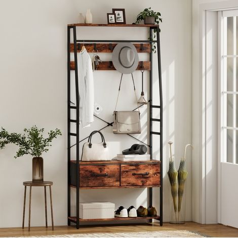 Vestiaire d'entrée 80x30x180 cm marron rustique en bois et métal avec banc, étagère à chaussures, tiroirs et 10 crochets (1/3)