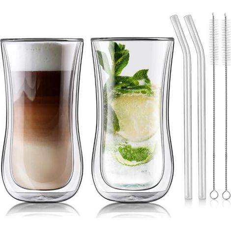 Verres à café double paroi 400ml, set de 2 verres thermiques en verre borosilicaté