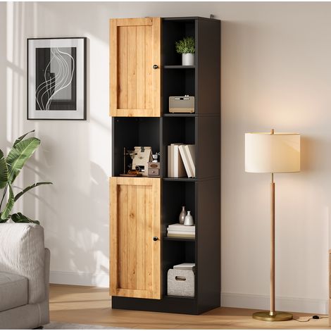 Mobile angolare alto 50x35.5x170 cm, 6 ripiani aperti, 2 ante, ripiani regolabili, MDF, nero e naturale (1/5)