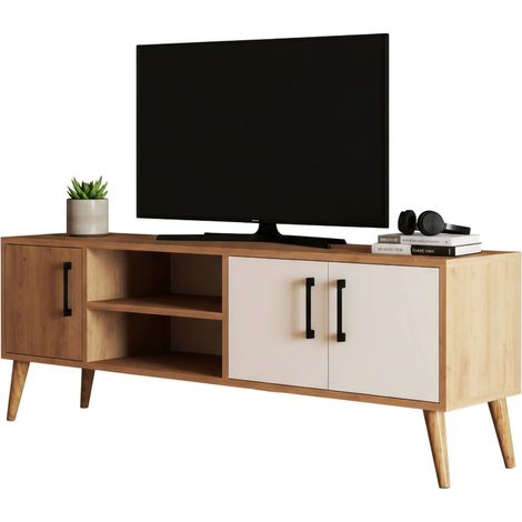 Mueble TV Brugine, un Estante, 3 Puertas, 4 Compartimentos, 150x34x52h cm Roble Marrón