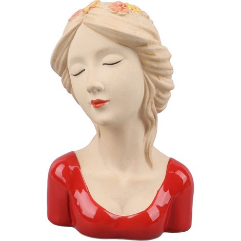 Vase céramique moderne tête de fille timide, décoration florale lady rouge, pour plantes, unisexe, style tendance. (1/5)