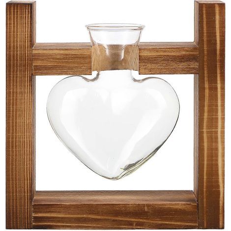 Vase en verre en forme de cœur pour culture hydroponique, pot de fleurs, avec support en bois (style rétro)-13.00X12.00X6.00CM (1/3)