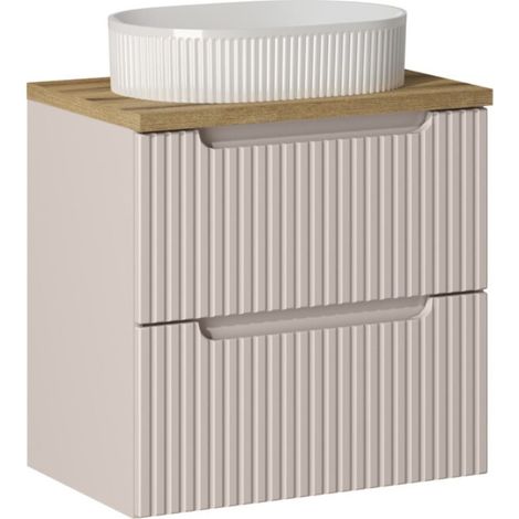Set VANO in cashmere e quercia 60cm: mobile sottolavabo con cassetti + piano per lavabo + lavabo da appoggio scanalato bianco