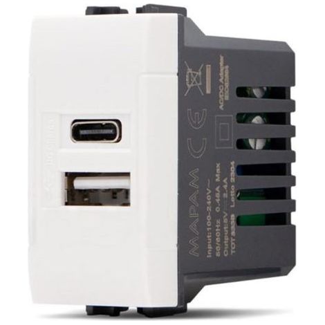 MAPAM doppia presa USB tipo A+C (5v-2,4-240V) compatibile LIGHT - ART-F833-BI