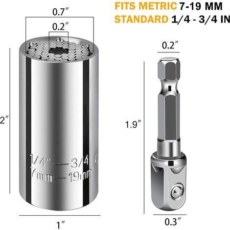 Jeu de douilles universelles (11-32 mm, 7-19 mm) - Douille polyvalente pour desserrer tous types de boulons - Outil multifonction avec adaptateurs de perçage 3/8" et 1/2" - 4 pièces (1/5)