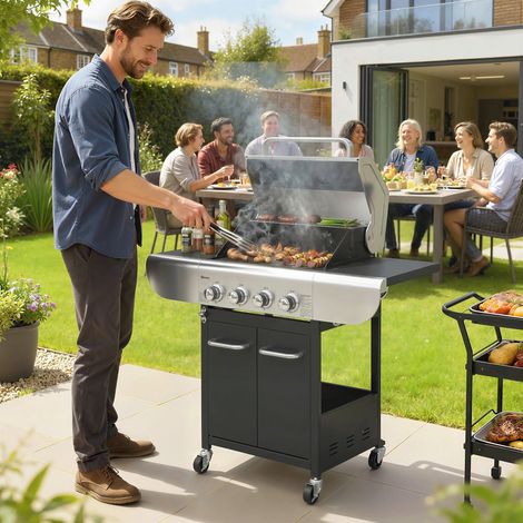Barbacoa de Gas con 4 Quemadores 12,8 kW Termómetro Parrillas de Hierro Fundido Mesas Laterales Armario y Ruedas Negro (1/5)
