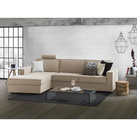 Dmora - Canapé fixe Dlovis, Canapé d'angle, 100% Made in Italy, Canapé Salon avec, péninsule de conteneur à gauche, avec accoudoirs fins, Cm 260x95h90, Beige (1/5)