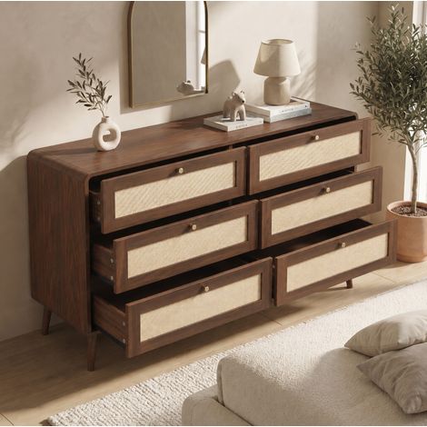 Cómoda de 6 cajones 120 cm MDF nogal con efecto ratán para dormitorio - CHICFURN (1/5)