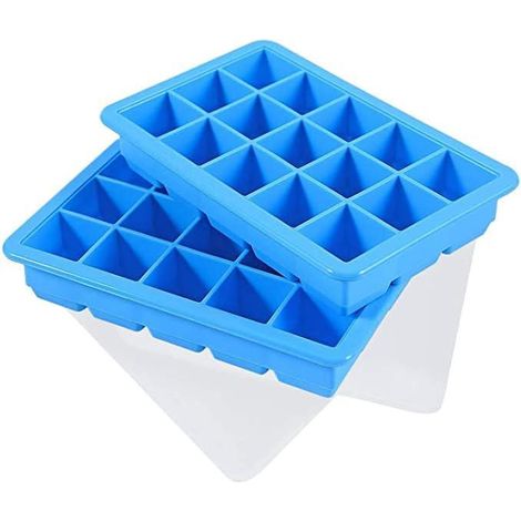 2 grands bacs à glaçons en silicone avec couvercle, lot de 2, 15 alvéoles, empilables et gain de place, certifiés LFGB sans BPA pour usage alimentaire (bleu) (1/5)