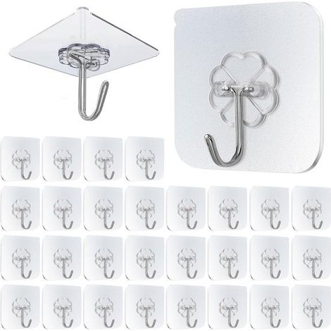 Paquete de 30 ganchos adhesivos extrafuertes - Ganchos transparentes para baño, cocina, pared y techo - Soporta hasta 10 kg. (1/5)