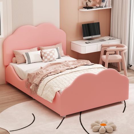 Lit enfant capitonné 90 x 200 cm avec barrière de sécurité, tête et pied de lit en forme de nuage. Lit simple en velours rose doux pour la peau. (1/5)