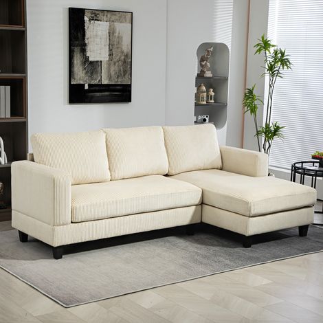 Canapé d'angle 3 assises en velours côtelé beige, 214 cm, avec banquette et coussin rembourré à ressorts (1/5)
