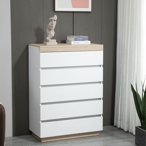 Blanc et chêne - Commode en bois 5 tiroirs, commode de chambre avec dispositif anti-basculement, 80x40x109 cm (1/4)