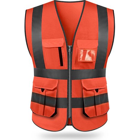 Gilet de sécurité haute visibilité réfléchissant multipoches vêtement de travail protection jour nuit moto vélo avertissement (1/4)