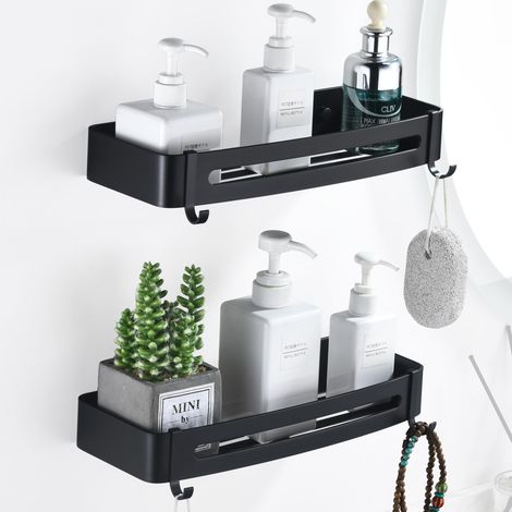 Etagere Douche Noir Lot de 2, Étagère Rangement Douche avec 4 Crochets Etagere Salle de Bain sans Percage Serviteur de Douche en Métal pour Shampooing, Antirouille (1/5)