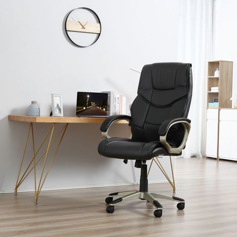 Bürosessel Chefsessel mit Wippfunktion Bürostuhl Schreibtischstuhl Ergonomischer Drehstuhl Sportsitz Hoher Rückenlehne Schwarz Kunsterleder Metall 70 x 58 x 114–124 cm (1/5)