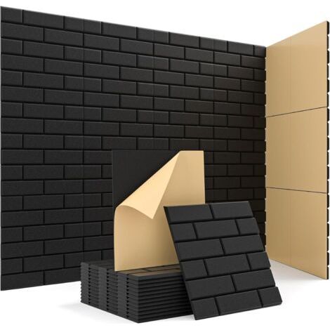Lot de 12 panneaux d'isolation acoustique autocollants, motif brique, panneau insonorisant haute densité, 30 x 30 x 1 cm, noirs. (1/5)