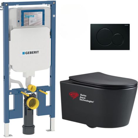 Pack WC Bati-support Geberit slim + WC sans bride Swiss Aqua Technologies + plaque noire mat (SLIMBLSATASP)