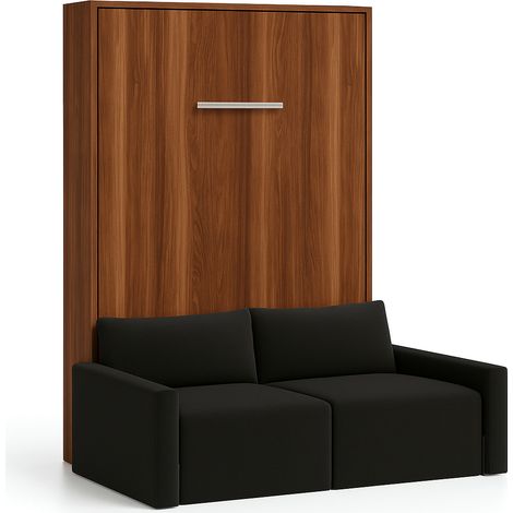 Lit escamotable vertical avec canapé tissu VALENCIA Noir Sans matelas-90x190-Canapé Noir-Structure Noyer (1/5)
