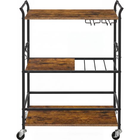 Desserte à Roulettes, Chariot de Service 3 Niveaux avec Porte-Verres, 64,5 x 32 x 85,5 cm, Marron et Noir (1/5)