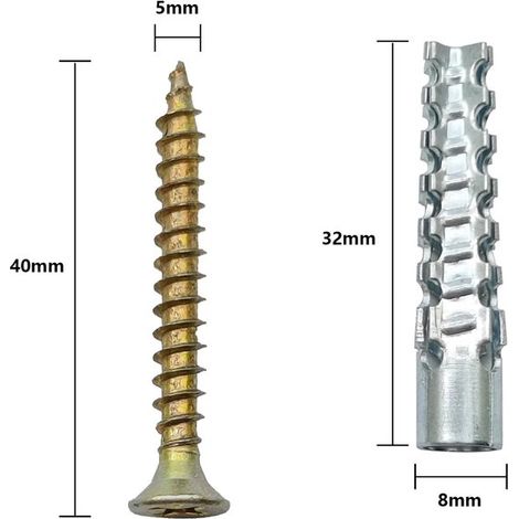 Anclaje autorroscante galvanizado para paneles de yeso，50 unidades，Tubo de expansión de hierro de 32x8 mm，Con tornillo de 40x5 mm，oro (1/4)