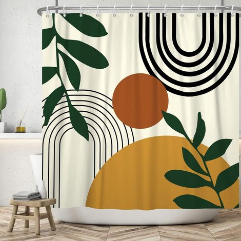 152x183cm Rideau de Douche du Milieu du siècle Abstrait Plante Tropicale Feuille de Palmier Arc-en-Ciel Rideau de Salle de Bain Aquarelle Soleil Feuille Verte Rideaux de Douche (1/5)