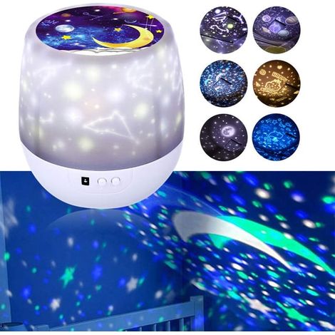 Projecteur LED ciel étoilé, veilleuse enfants 360 rotative, 6 effets de lumière, veilleuse projecteur étoile dimmable avec 3 LED