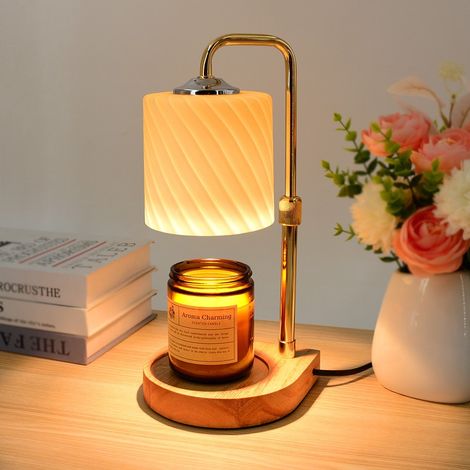 Lampe à fondre les bougies parfumées 220V norme européenne, base en bois, tige métallique réglable, abat-jour en verre, minuterie 2-4-8 heures, sans flamme, avec télécommande, bougie non incluse. (1/5)