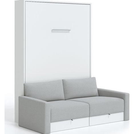 Lit escamotable vertical à tiroirs et canapé tissu VALENCIA Gris clair Sans matelas-80x180-Canapé Gris clair-Structure Blanche (1/5)