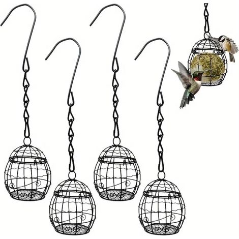 Lot de 4 mangeoires à boules de graisse – Métal suspendu avec crochet – Pour oiseaux sauvages en extérieur – Jardin 9,5×7 cm (1/5)
