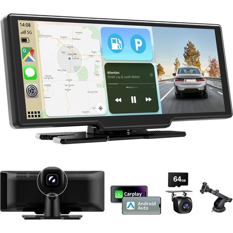 10,26 Pouces Ecran Carplay Voiture avec Carplay Android Auto sans Fil, Autoradio Bluetooth avec Caméra Avant 4K et Caméra de Recul 1080P HD/FM/AUX/64G TF/Mirror Link/Assistant Vocal/GPS (1/5)