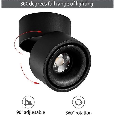 Spot LED encastré au plafond, orientable à 360°, montage en surface, éclairage COB, 10 W, lumière blanche chaude 3000 K (noir, blanc chaud 3000 K) (1/5)