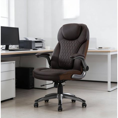 Chefsessel aus PU und Mesh Braun mit Kopfstuetze, klappbaren Armlehnen und Wippfunktion 67,5 x 73 x 110,5-120 cm (1/5)