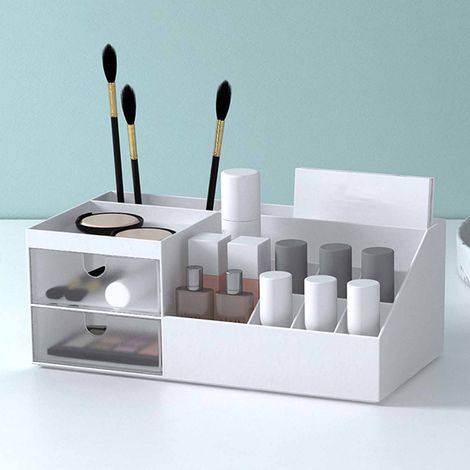 Großzügiger Make-up-Organizer, multifunktionale Kosmetikbox mit transparenten Fächern, ABS/PS-Einsatz, elfenbeinweiß (1/5)