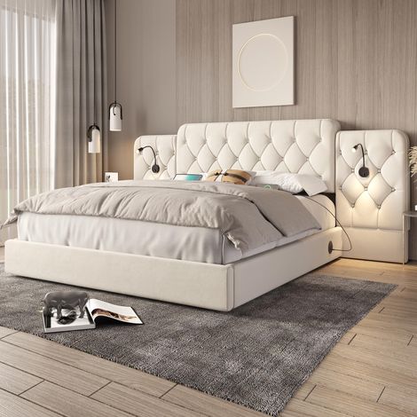 Cadre de lit avec haute tête de lit, revêtement en velours élégant, plusieurs ports USB, lampe de bureau, système hydraulique, très grand espace de rangement sous le lit, 180x200cm, beige, garantie...