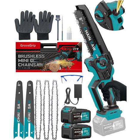 Mini Tronçonneuse sans fil 8 pouces,moteur sans balais 1400W,graisseur automatique,2x4000mAh batteries,Légère,utilisable à une main (Bleu) (1/5)