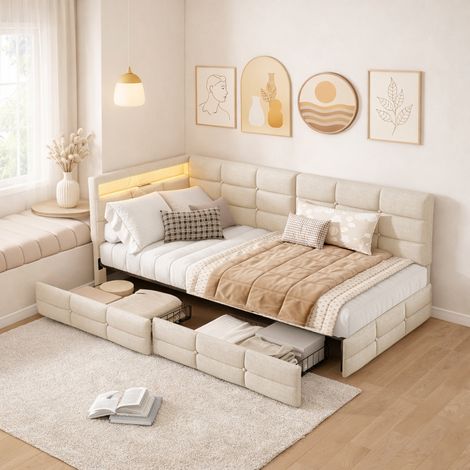 Canapé Lit Rembourré 90x200 cm avec LED et port USB Tpye-C, Lit simple avec 2 Tiroirs et nombreux rangements, Sommier à Latte, Beige (1/5)