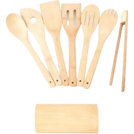 Ensemble de 8 ustensiles de cuisine en bois et bambou, comprenant des cuillères et spatules en bois non toxiques et durables, pour mélanger, servir et frire. Idéal pour la cuisine d'appartement.