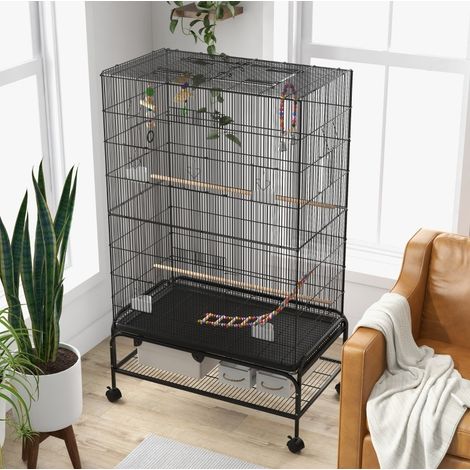 Cage à oiseaux sur roulettes, toit ouvrant et étagère, 97 x 58 x 160 cm, noire OKMYHOME (1/5)