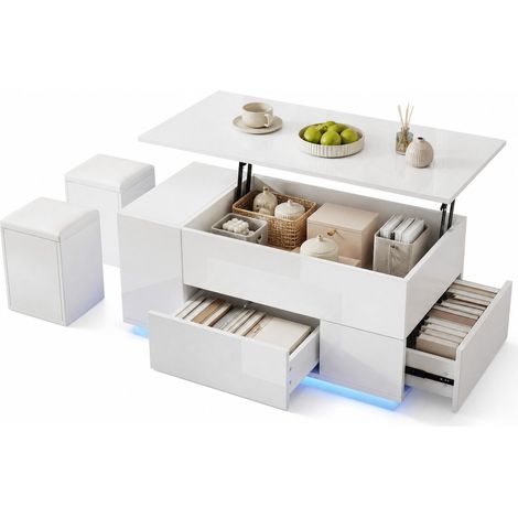 Table basse relevable LED blanche avec 2 tiroirs, 2 poufs de rangement et coffre dissimulé, plateau brillant, hauteur réglable jusqu'à 59 cm – CHICFURN (1/5)