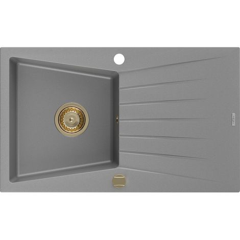 Mexen Cesar évier en granit à 1 cuve avec égouttoir 775 x 470 mm, Gris, siphon Or - 6514771010-71-G (1/5)