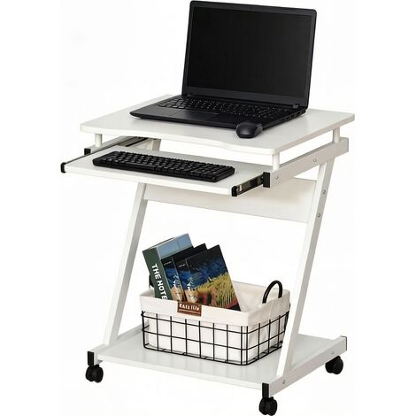 Escritorio ordenador móvil blanco con ruedas, bandeja para teclado y estante (1/5)