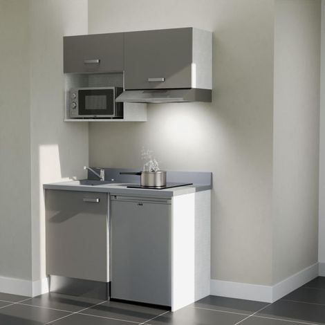 Kitchenette K02L - 120 cm - plan monobloc évier intégré Cromo- évier à gauche - Façades Gris + Electroménager inclus coloris Inox
