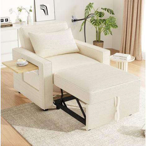 Sofá cama 93x150x85 cm beige en pana con USB, Type-C, respaldo reclinable y mesa auxiliar (1/5)
