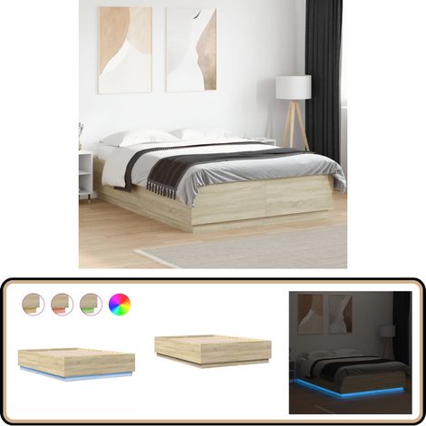 Cadre de lit avec LED sans matelas chêne sonoma 150x200 cm - Cadre De Lit - Lit Double - Sommier - Éclairage Led - Lumière Rgb