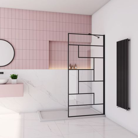 Walk-in paroi de douche à l’italienne sérigraphie en noir 80x200cm en verre anticalcaire 8mm avec une de barre de fixation d’angle de 45cm (1/4)