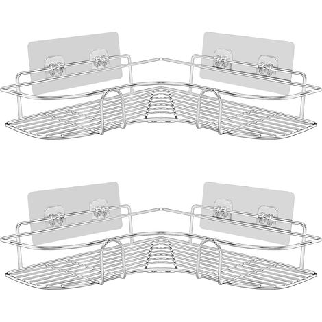 Etagere Angle Douche Sans Percage - Support Rangement Salle De Bain Cuisine - Inox 2 Niveaux - Lot De 2 (1/5)