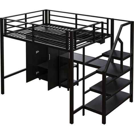 Cama alta infantil 140x200 cm con armario, estanterías, escritorio integrado y escalera de almacenaje, metal negro (1/5)